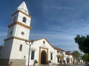 Historic church under blue sky. Valledupar, Colombia.
